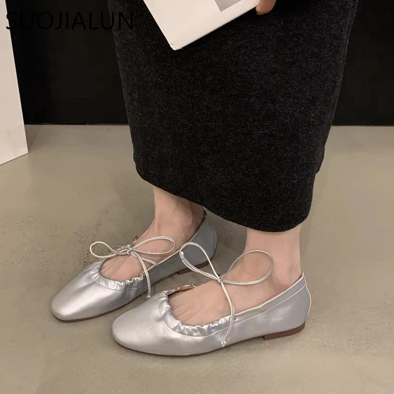 SUOJIALUN 2024 Autumn Women Flat Shoes Fashion Round Toe Shallow Slip On Mary Jane Shoes Soft Flat Heel Outdoor Dress Boat Shoes