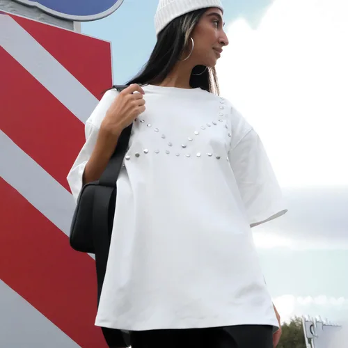 Imagen 2 del producto Camiseta personalizada de algodón para mujer, camisetas holgadas de manga corta con diamantes estilo BF de calle alta, camisetas blancas y negras para mujer