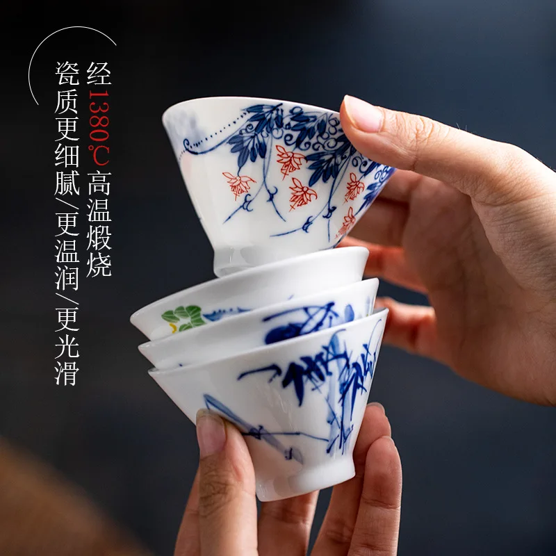 

Jingdezhen Hand Painted Blue and White Bamboo-Hat Type Cup Porcelain Set Household Large Savoring