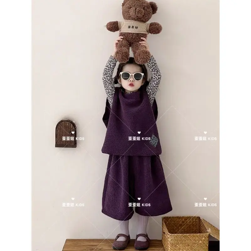 Winter Childent Coat Thicken Warm Purple Artificial lamb wool Vest +Leopard print Tshirt+Shorts 3Pcs Suits Cotton Girls Casual