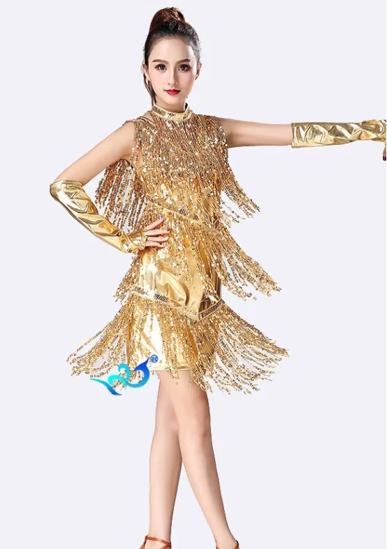 Female Tassel Dress Gold Sequin Latin Dance Performance Costume Competition