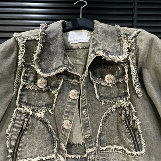Fitted Cut No Hood Jacket Regular Length Streetwear with Long Sleeve Regular Sleeve Frayed Edge Vintage Autumn for Women
