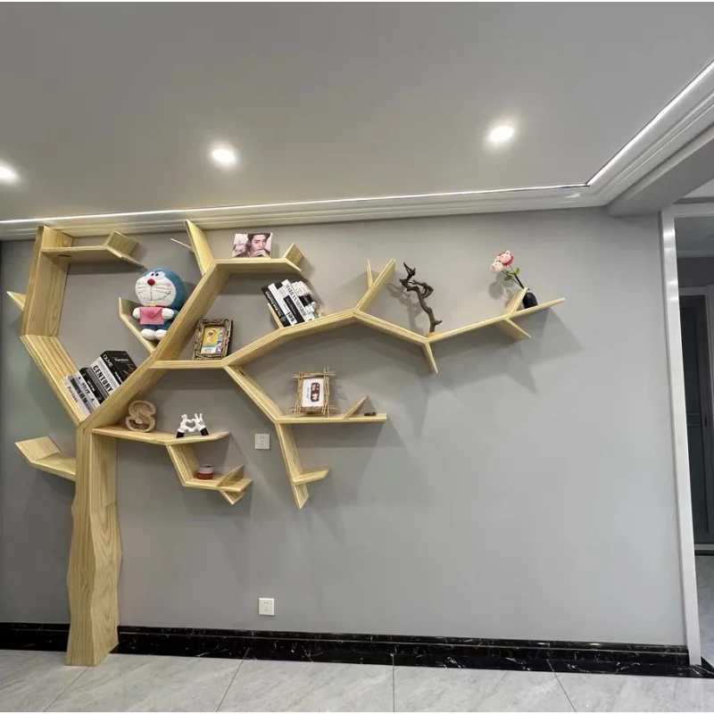 Tree-shaped solid wood bookshelf, kindergarten floor-to-ceiling multi-layer display shelf, living room TV wall decorative shelf