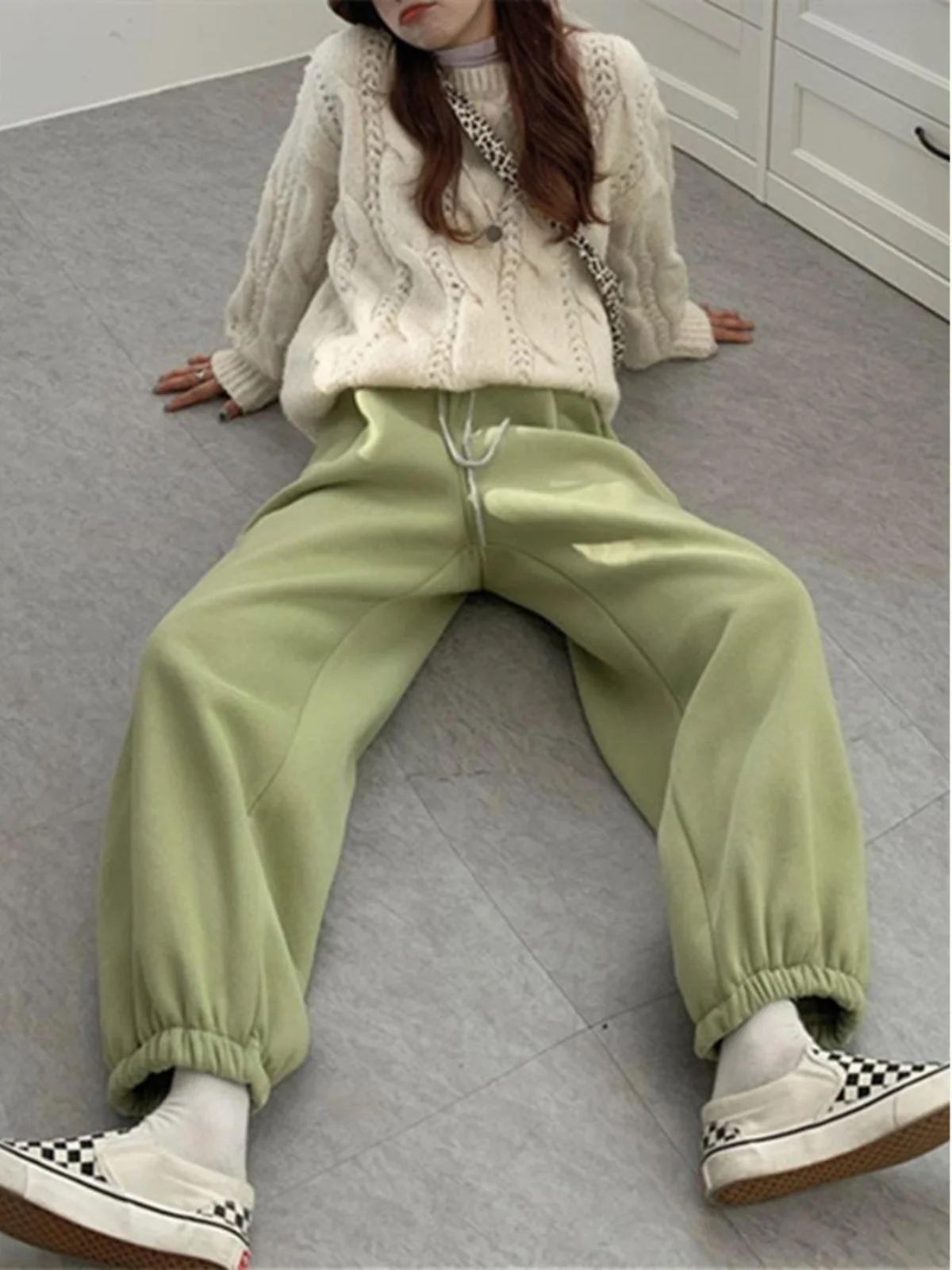 plus Size Fce Lined Thiened Women's Sweatpants Autumn Winter Loose Fit Straight Leg Spor Trousers High Waist Korean Sle