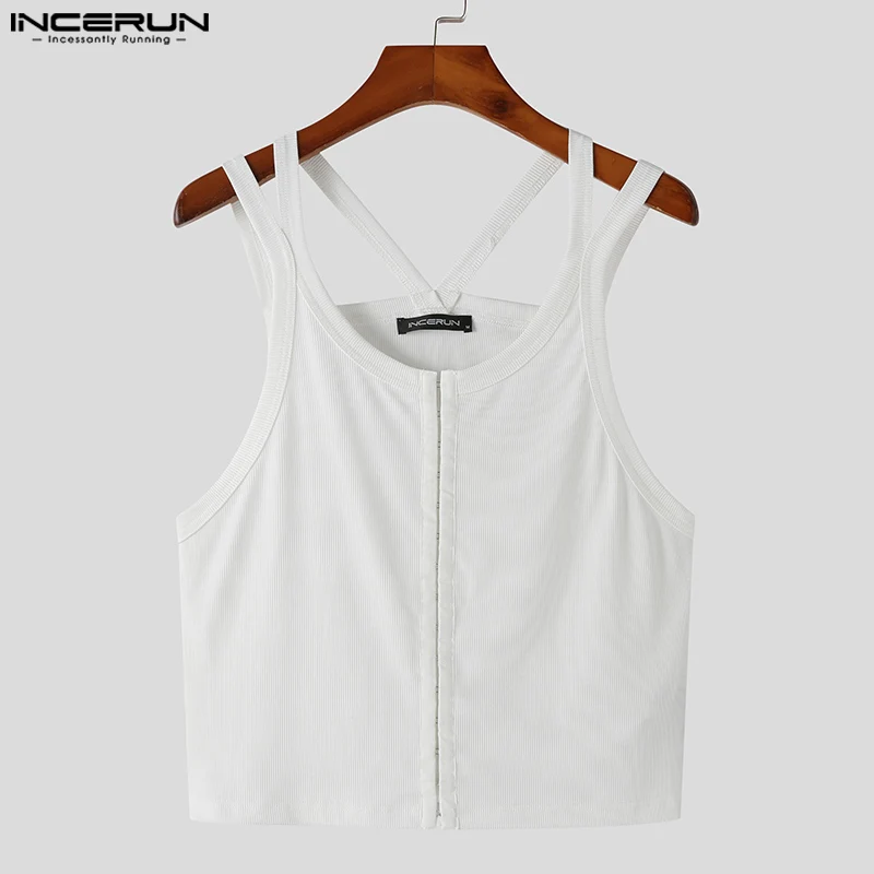 2023 Men Tank Tops O-neck Sleeveless Button Summer Solid Color Crop Tops Men Fitness Sexy Streetwear Stylish Vests S-5XL INCERUN