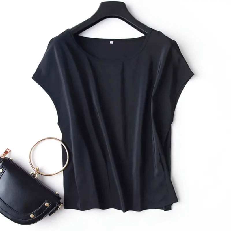 

Women Silk T-shirt 100% Mulberry Silk Basic Type Solid Black Short Sleeve Top Pullover Blouse Office Lady XL XXL MM911