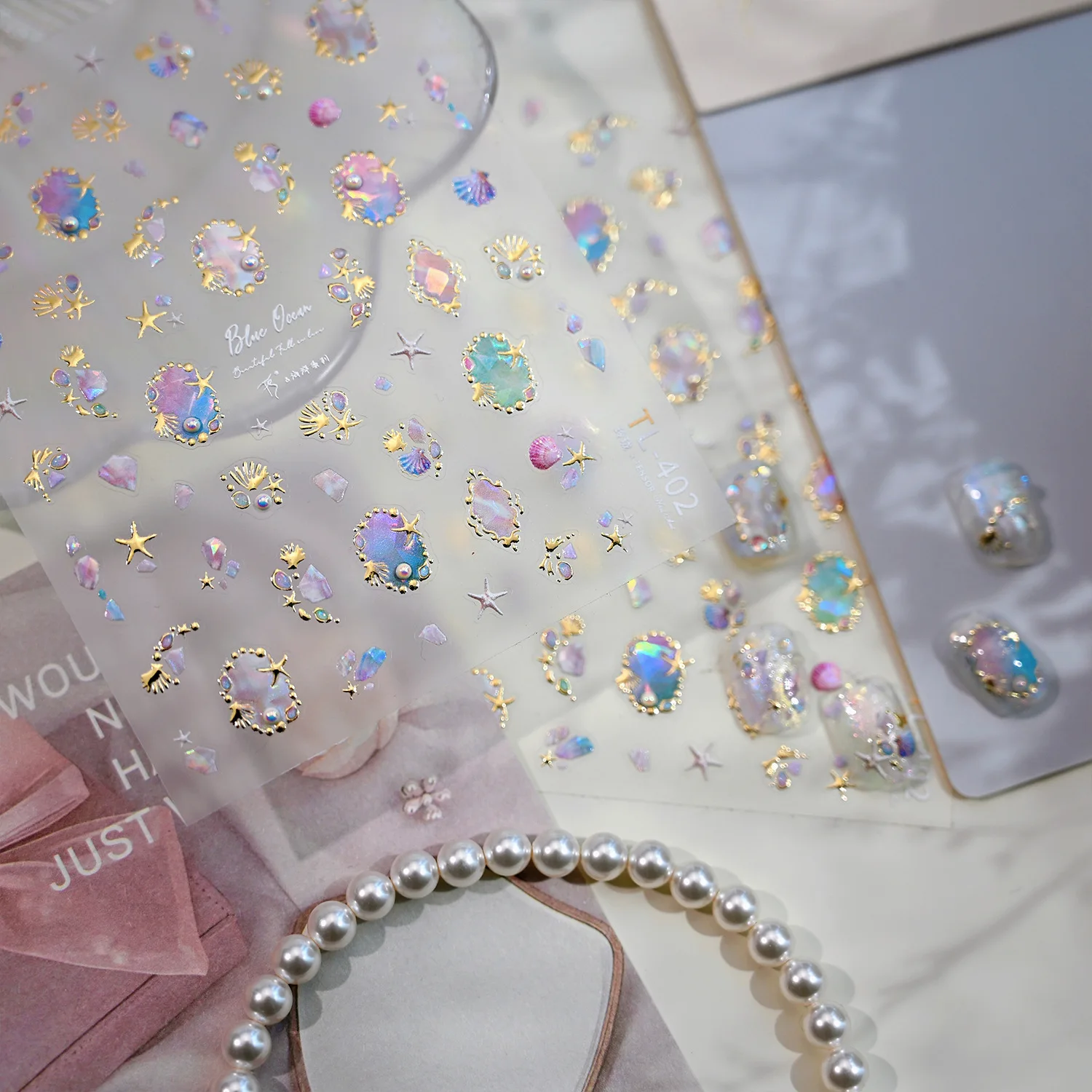 Estrella de mar de verano estampada en oro, concha de ensueño, perla polarizada, pegatinas 3D para decoración de uñas, medusas, Concha, Coral, mar de verano, calcomanías para manicura