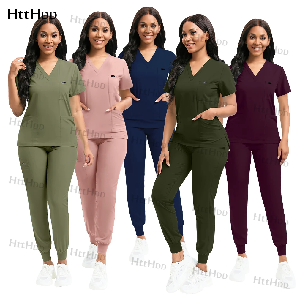 

Nursing Scrubs Stretch Breathable Uniform Suit Women Solid Color Short Sleeved Top Pants Cleaning Uniforms Lab Coat Dental Scrub