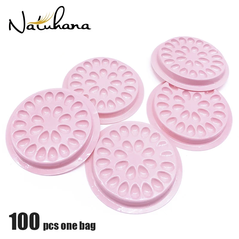 NATUHANA 100pcs Eyelash Plastic Glue Holder Glue Gasket Adhesive Pallet Eyelash Extension Glue Pads Flower Shape Pad Makeup Tool