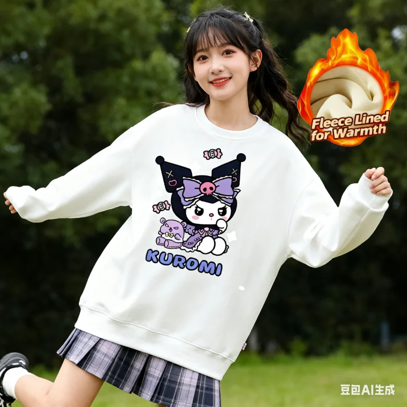 Топ с длинными рукавами и круглым вырезом с принтом серии Sanrio 2025, милая и теплая футболка с круглым вырезом и длинными рукавами на флисовой подкладке, 100% хлопок