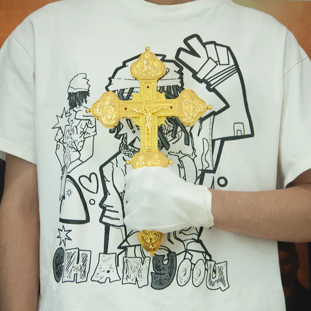 HTISOK Russisch-Orthodoxes Kreuz Jesus-Kruzifix Vergoldete Zinklegierung Kirchenständerkreuz Kirchendekoration Religiöse Rituale – Detail 12