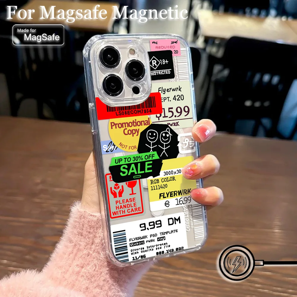 Luxury Fashion Stamp Label Barcode Magsafe Magnetic Phone Case for iPhone 16 15 14 13 12 11 8 7 Plus Pro Max XR Clear Tpu Cover