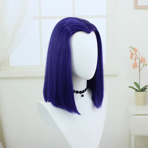 Imagen 2 del producto Peluca de disfraz sintética morada corta para disfraz de superhéroe cuervo, parte media recta Bob de 14 pulgadas para fiesta de disfraces y festivales