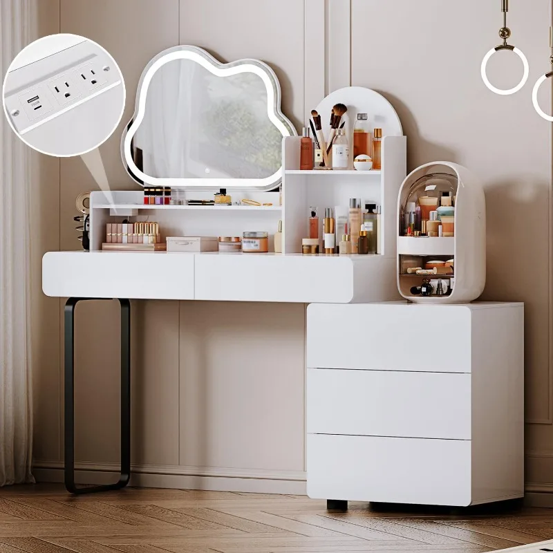 

Makeup Vanity Table with Lighted Mirror,Power Strip Charging Station, Vanity Desk with Storage Shelves,3 Lighting Modes