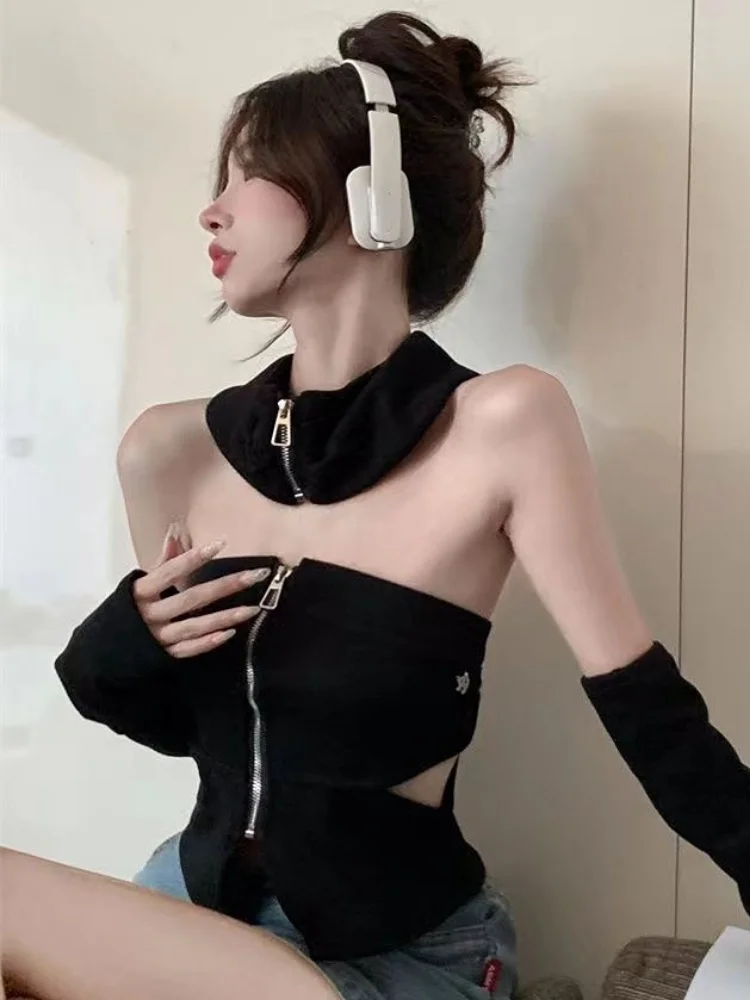 2024 Summer Fashion Y2k Tight Tube Top Women Korean Hollow Out Zipper Crop  Off Shoulder Vest  Sexy Cute Halter Tanks