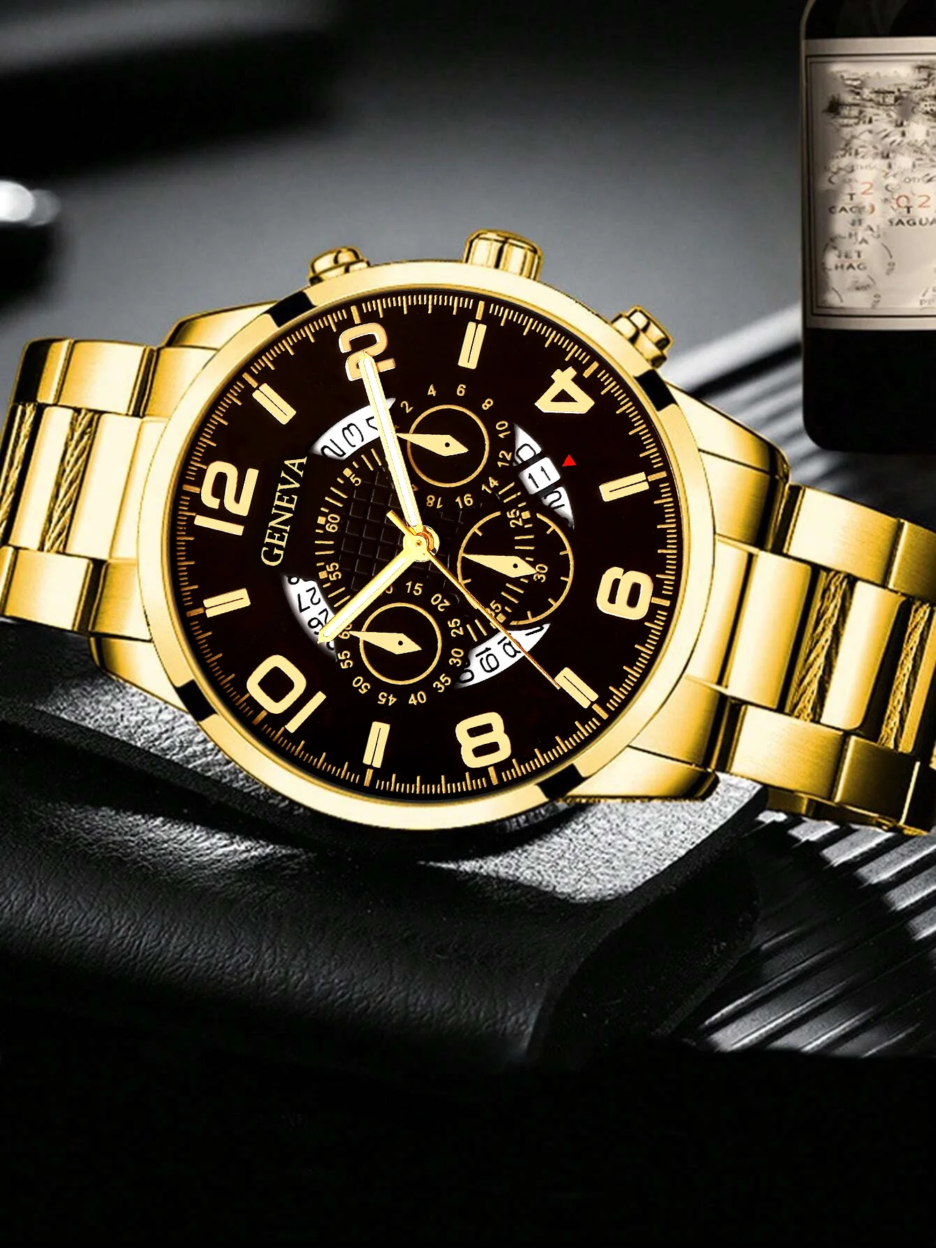 ゴールデン三つ目ピエロデザインメンズカレンダービジネスクォーツ時計とネックレス、リング、ブレスレットセット - 誕生日プレゼント