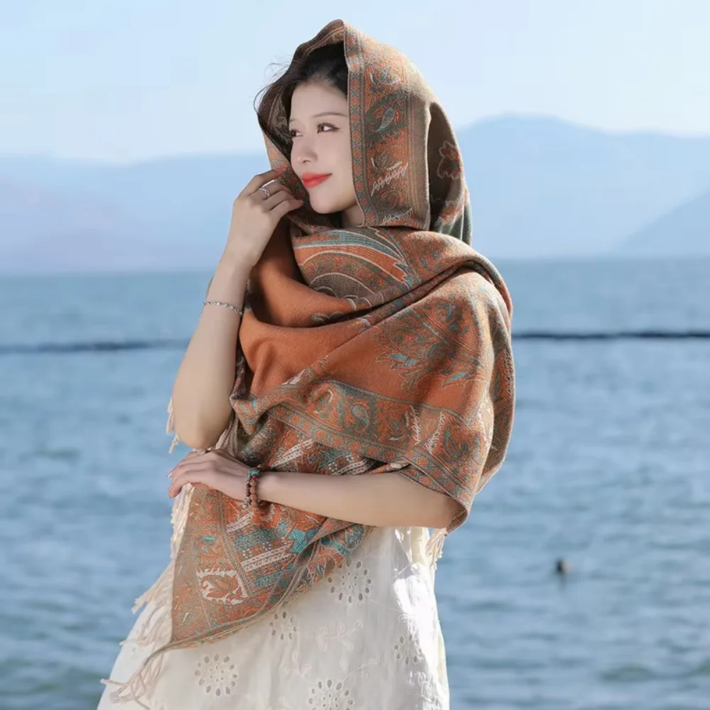 Cashew Printed Shawl for Women Autumn and Winter Shawl Travel Wear Thickened Auspicious Warm Outer Cape Luxury Big Scarf 21 Colo