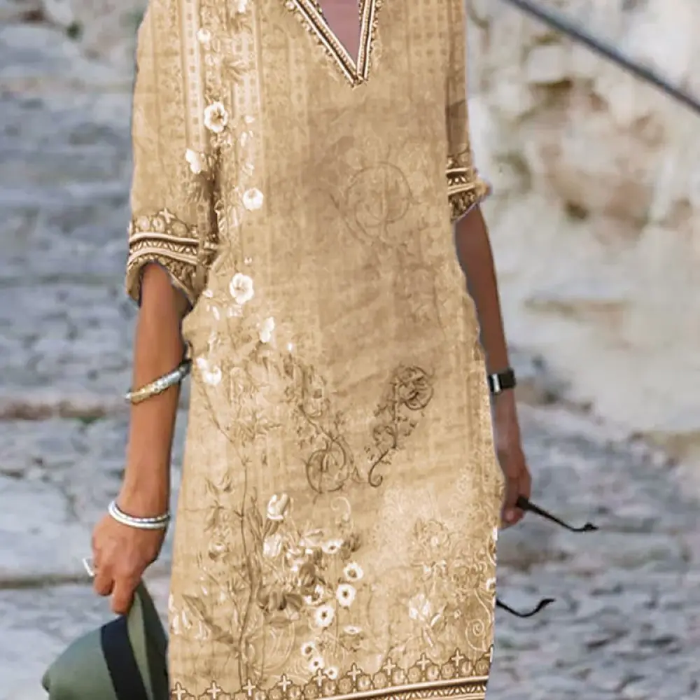 Womens Ethnic Summer Dress Floral Printed V Neck Short Sleeve Maxi Dresses Casual Loose Bohemian Style Holiday Wear