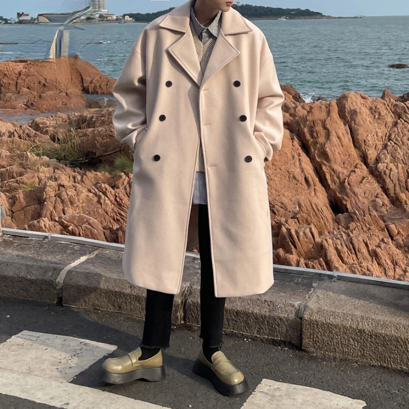 Long Windbreaker Men Autumn Winter Long Wool Coat Double-breasted Loose Korean Casual Coat Men's Clothing New