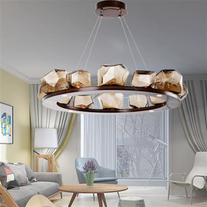

Luxury Contemporary Round Stone G4 LED Chandelier Lighting Suspension for Foyer Living Room and Home Interior