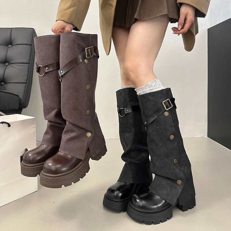 Botas de Mujer de cuero de calidad hasta la rodilla, Botas de plataforma de tacón grueso a la moda, diseño de hebilla de cinturón, Botas de pierna para pantalón, Botas para Mujer