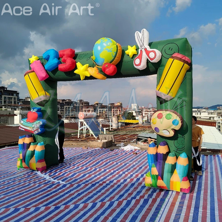 Arco de lápis verde inflável impresso personalizado, decoração de portão de loja de papelaria, portão de sinal 3d com elemento de aprendizagem