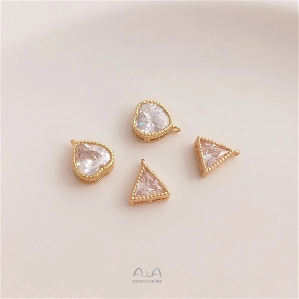 

14K Real Gold Color-protecting Inlaid Zircon Heart-shaped Triangle with Hanging Beads Pendant Diy Bracelet Earrings Accessories
