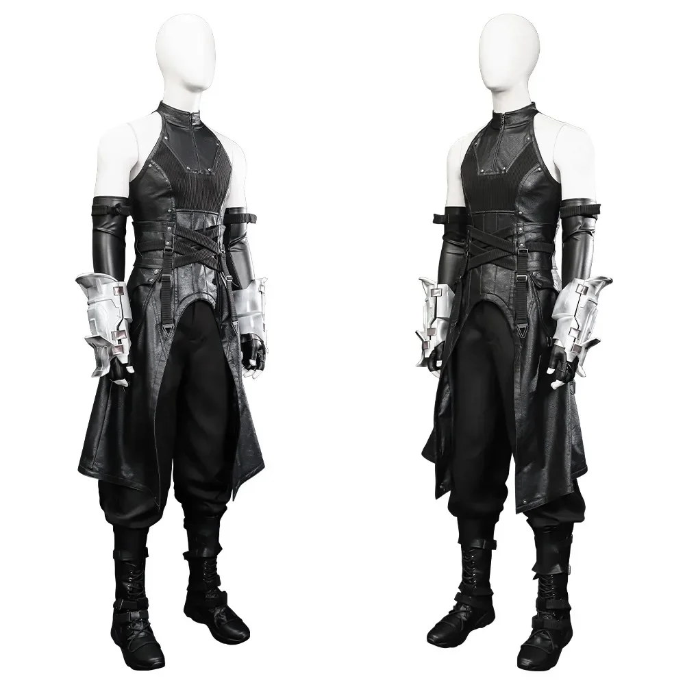 Black Sephiroth Cosplay CostumeMens Leather Battle Suit Outfit 3D Handguards Game Roleplay Costumes Hand Made Custom Made