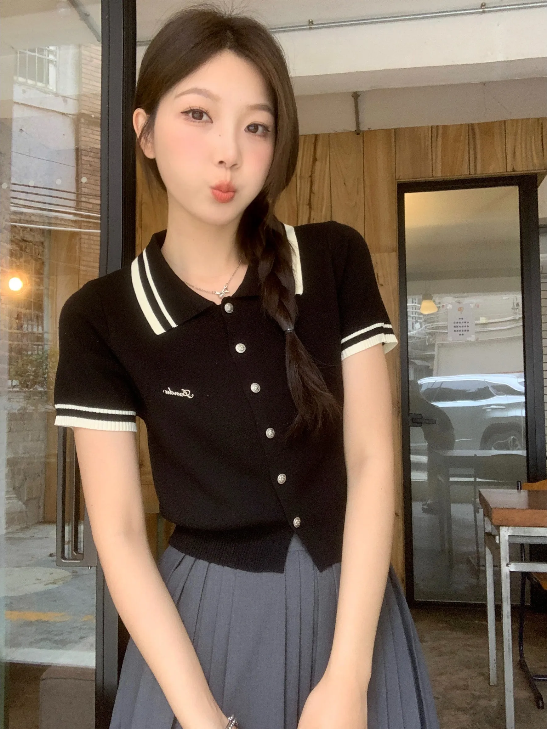 

plus Size Knitwear ort Sve Turn-down Collar Single Button Slimming Top Korean Sle Commute Faion Summer New Arrival