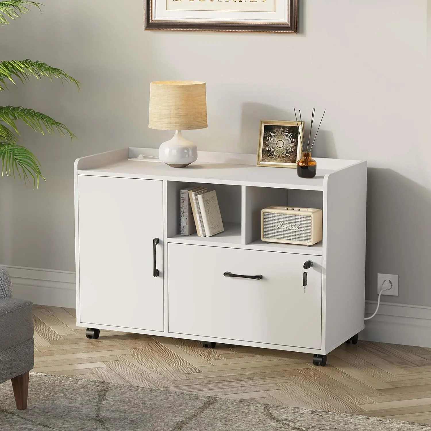 Mobile horizontal filing cabinet with lockable drawers, printer stand with open storage rack with wheels