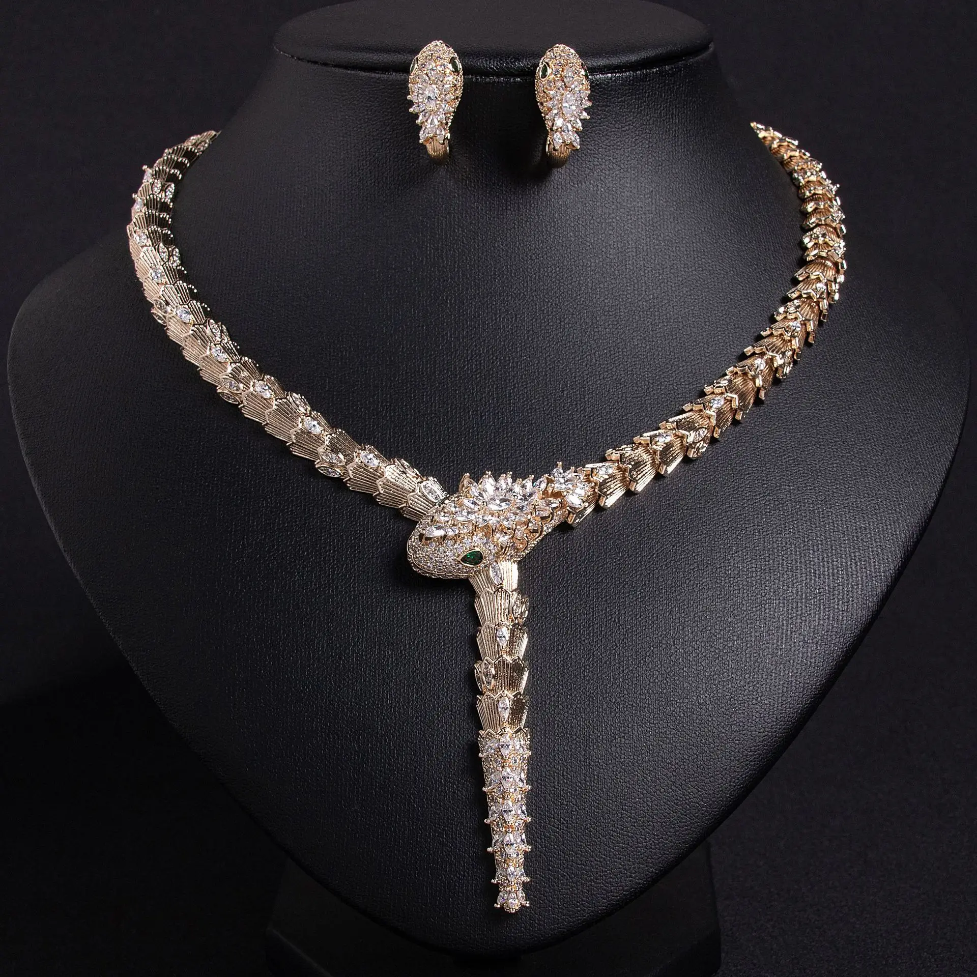 Jewelry Snake Necklace Earrings Set for Women's Wedding Party Accessories Zircon Drop Vintage