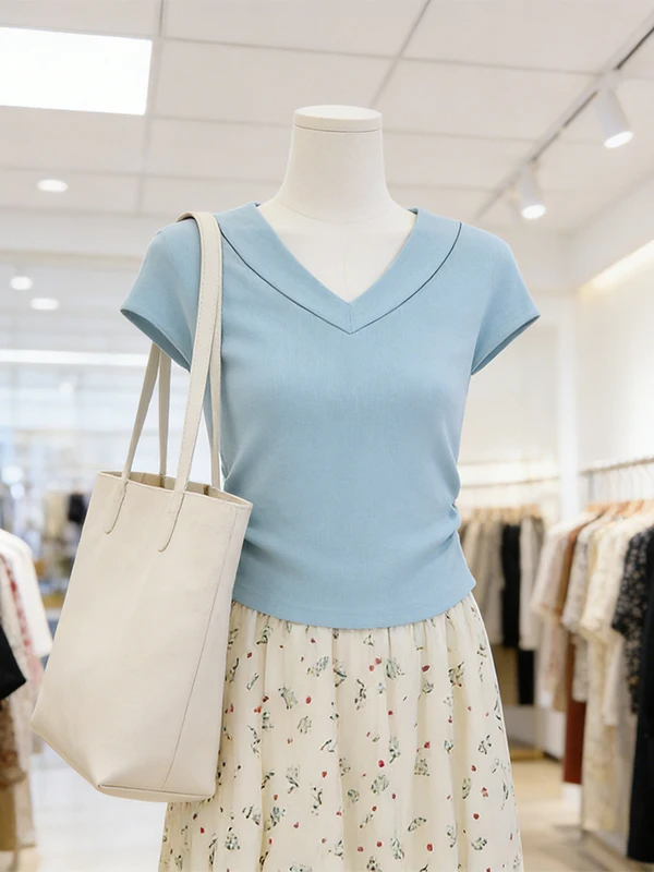 Large Size Summer New Style V-Neck Short Sleeve T-Shirt Floral Halter Skirt Two-Piece Set High Waist Pure Color Commute Style