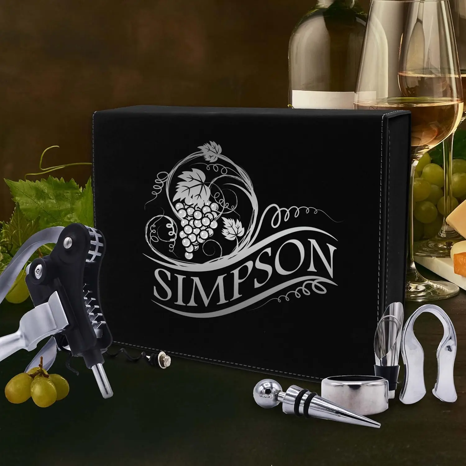 Custom Engraved 5 Piece Wine Tool Opener Accessories Box Set - Customized Wine Lovers For Anniversary, Weddings, And More (Bla