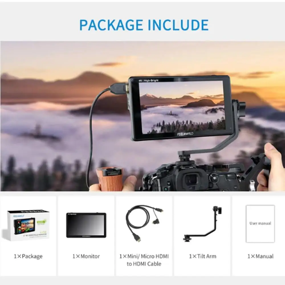 شاشة Feelworld LUT6E مقاس 6 بوصات 1600nit IPS 4K HDMI I/O 1920x1080 شاشة لمس ثلاثية الأبعاد تيار مستمر خارج 8.4 فولت لـ DSLR