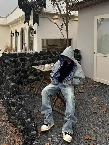 Casual Retro Mens Zipper Hoodie Gothic Blue Striped Plaid Front and Back Two Sweatshirt 90s Hip Hop Loose Gray Cotton Sweatshirt