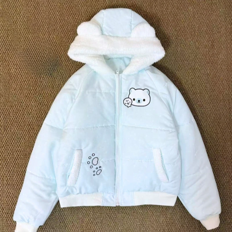 Japanese Kawaii Lolita Women Parkas Harajuku Zippers Bear Ears Hooded Cartoon Jacket Y2k Aesthetic Velvet Lined Down Padded Coat