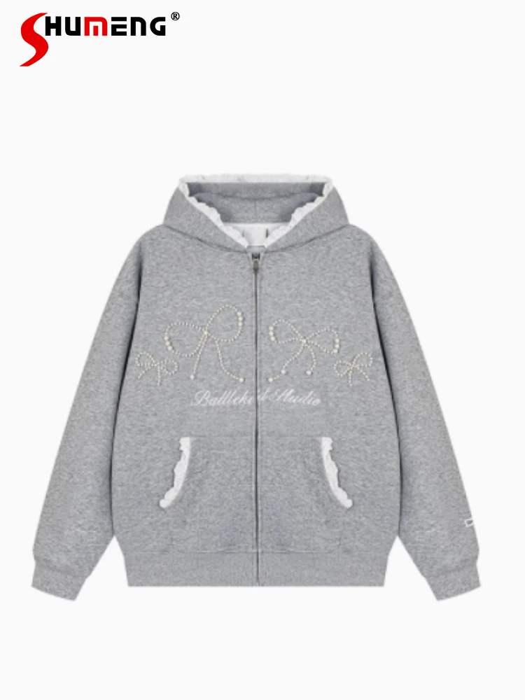

Women's American Style Three-dimensional Pearl Bow Hooded Sweatshirts Women's 2024 Autumn New Loose Comfort Design Hoodies Tops