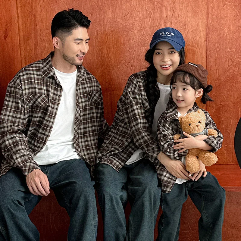 Equal Family Plaid Shirts Autumn Father Mother and Daughter Son Same Long Sleeve Tops Korean Vintage Parent-child Jacket Coat