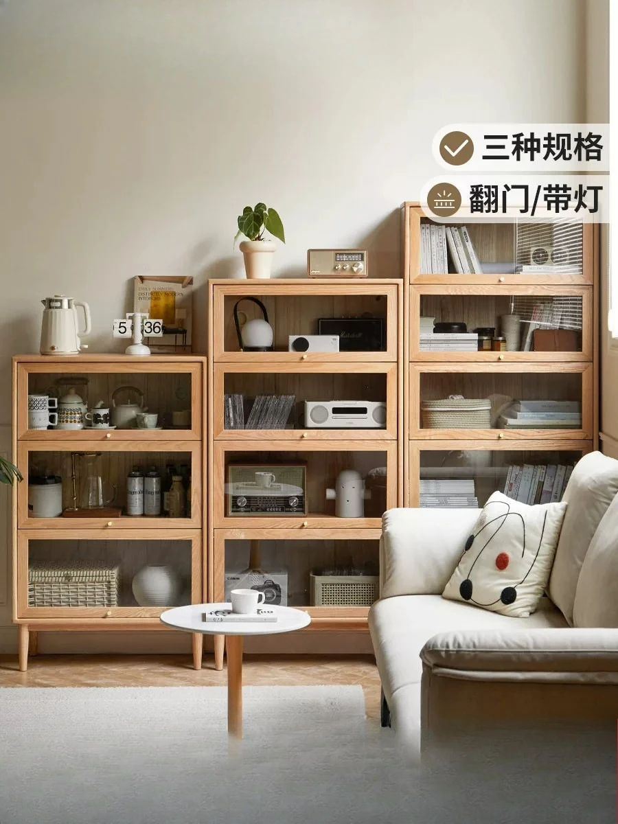 Bücherregal-Kombination aus Massivholz mit Klappentüren, Vitrine, Regal, Schrank, Seitenschrank, Aufbewahrungsschrank
