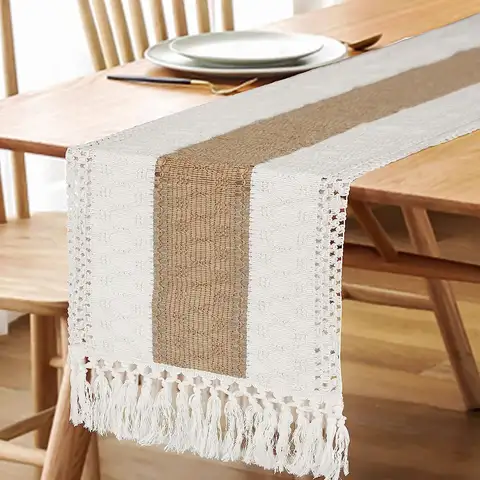 Boho Table Runner Linen Cotton Stitching Table Runner with Tassels for Home Wedding Dinning Farmhouse Table Decor