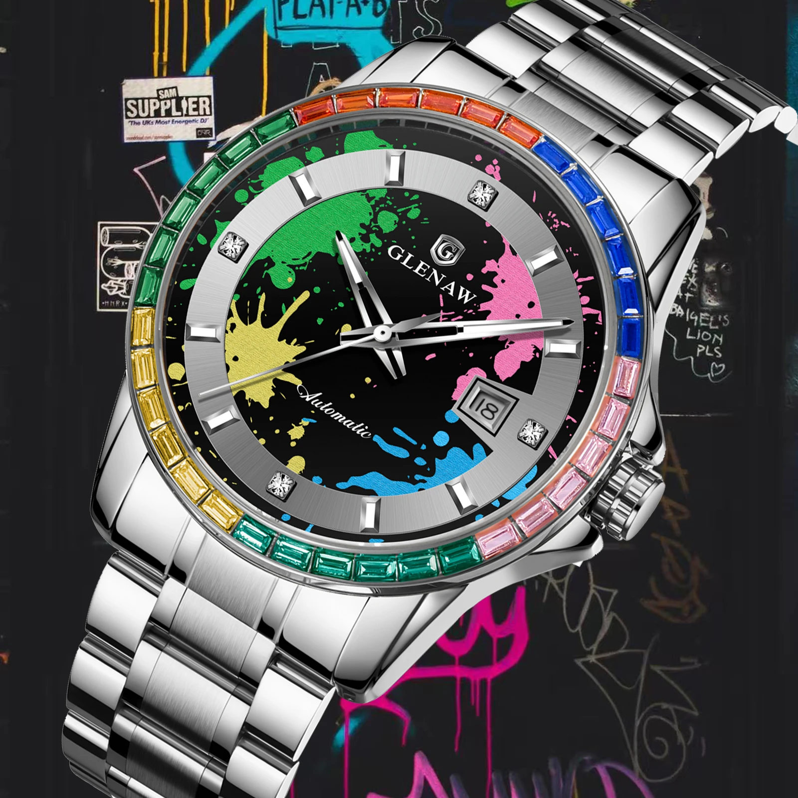 2025年新作 GLENAWデザイン レインボーサークル 機械式腕時計 メンズ グラフィティ文字盤 ナイトライト カレンダー 防水 高級機械式腕時計