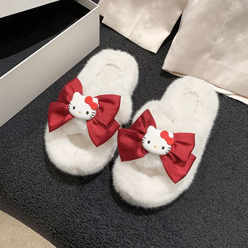 Ins Same Style New Cartoon Hello Kitty Princess Style Plush Slippers Girl Heart Bow Tie Autumn and Winter Home Fur Slippers