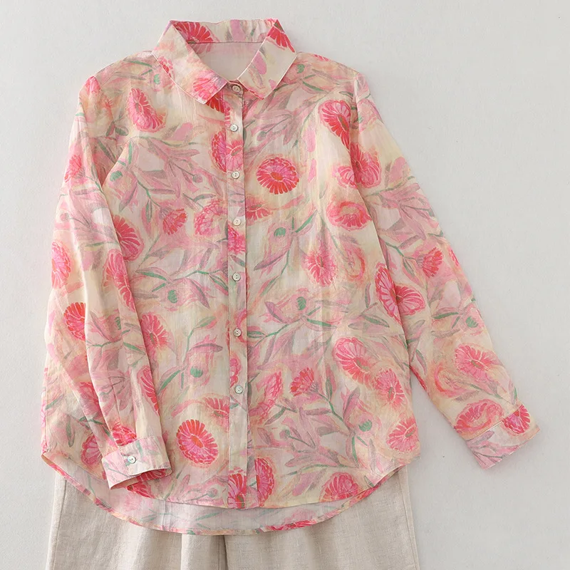 Women Cotton Linen Floral French Artistic Print Shirt Top For Autumn Casual Button Long Sleeve Pink Blouse Korean Style Clothes