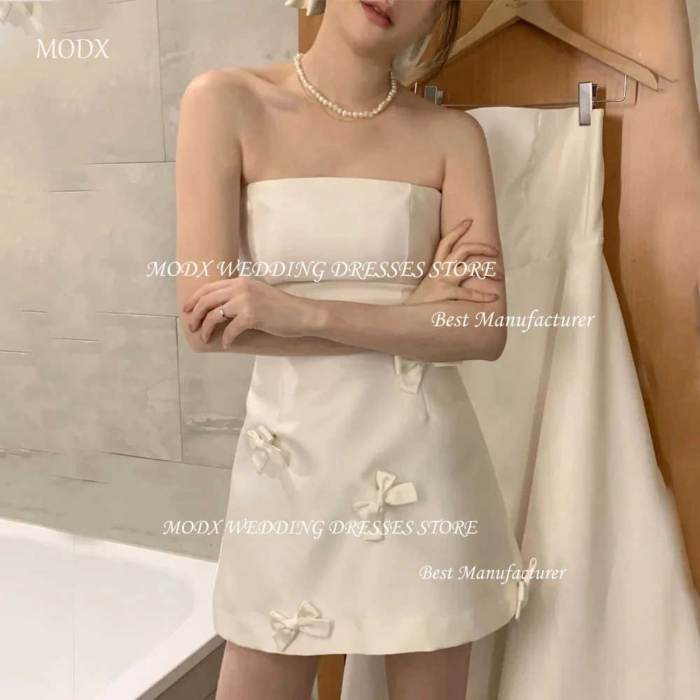 

MODX Short Satin Mini Korea Wedding Dresses Photo Shoot Strapless Bowknow Simple Bride Gowns Zip/Corset Custom Made Formal Gown