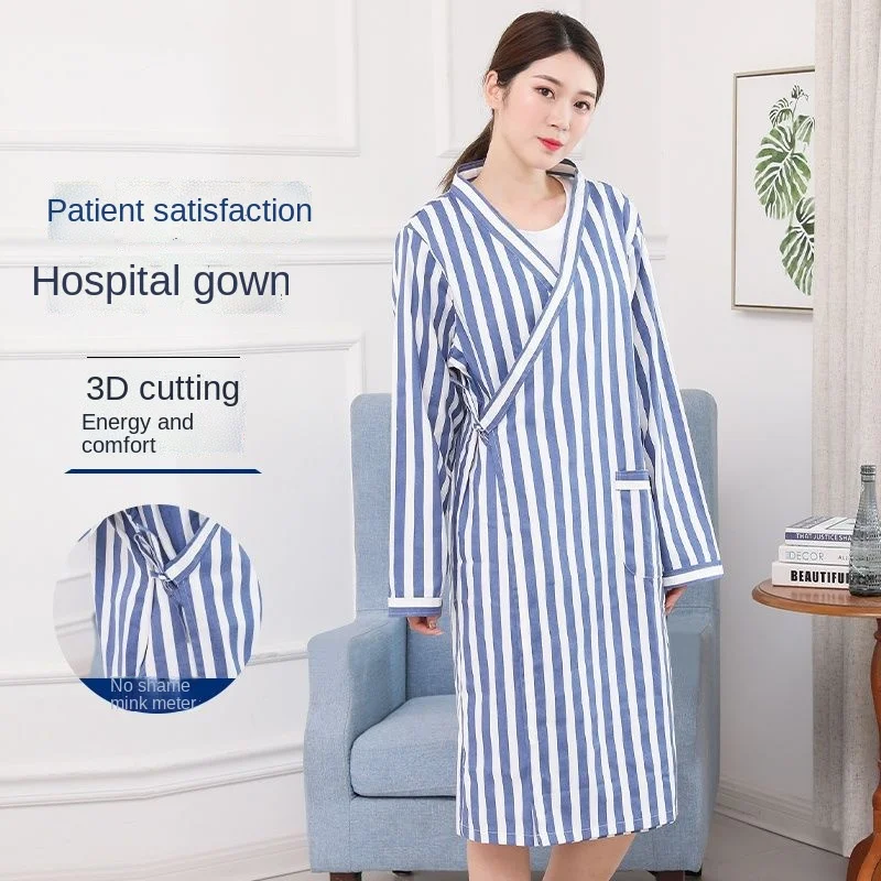 

Patient Care Clothes Unisex Hospital Stripe Cotton Long Sleeve Split Type Striped Breathable Wear-Resistant Patient Gowns