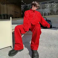 LUZHEN Stylish Nightclub Sparkling Original High End Casual Coat Straight Pants Men's Trendy Light Luxury Two-piece Sets LZ6199