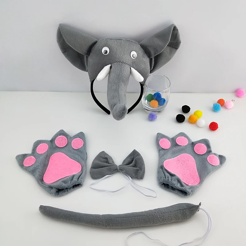 

Вечерние детские повязки на голову со слоном, галстук, хвост, лапы, перчатки, ленты для волос с животными, плюшевый костюм на день рождения, Хэллоуин, косплей