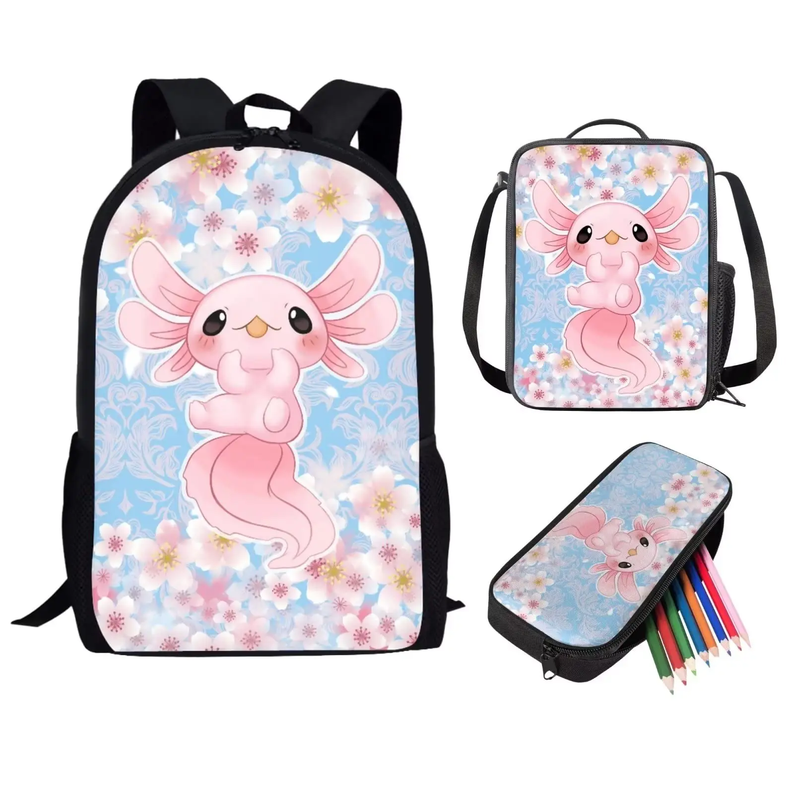 Axolotl-Conjunto de mochila escolar con flores de cerezo para adolescentes, niñas y niños, mochilas térmicas para el Campus, bolsa de almuerzo, estuche para lápices, regalos