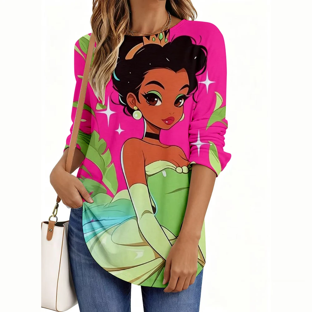 

Женская элегантная футболка с длинным рукавом и круглым вырезом с принтом принцессы Диснея, большие размеры, европейская и американская мода 2025 года