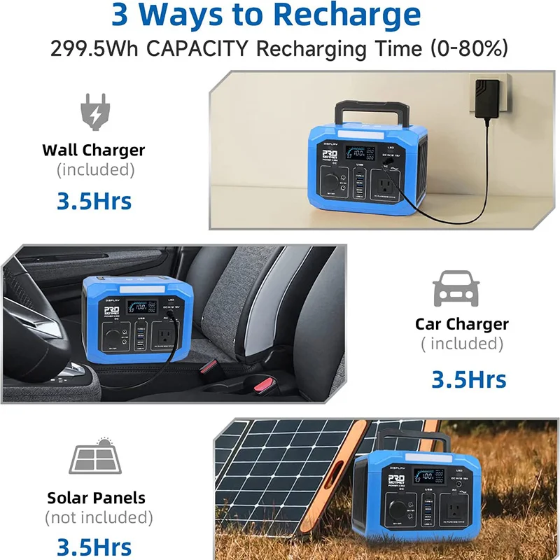 Portable Power Station 299Wh 350W Lithium Battery 110V AC Outlet Wireless Charger Solar Generator For Outdoor Camping Prostormer